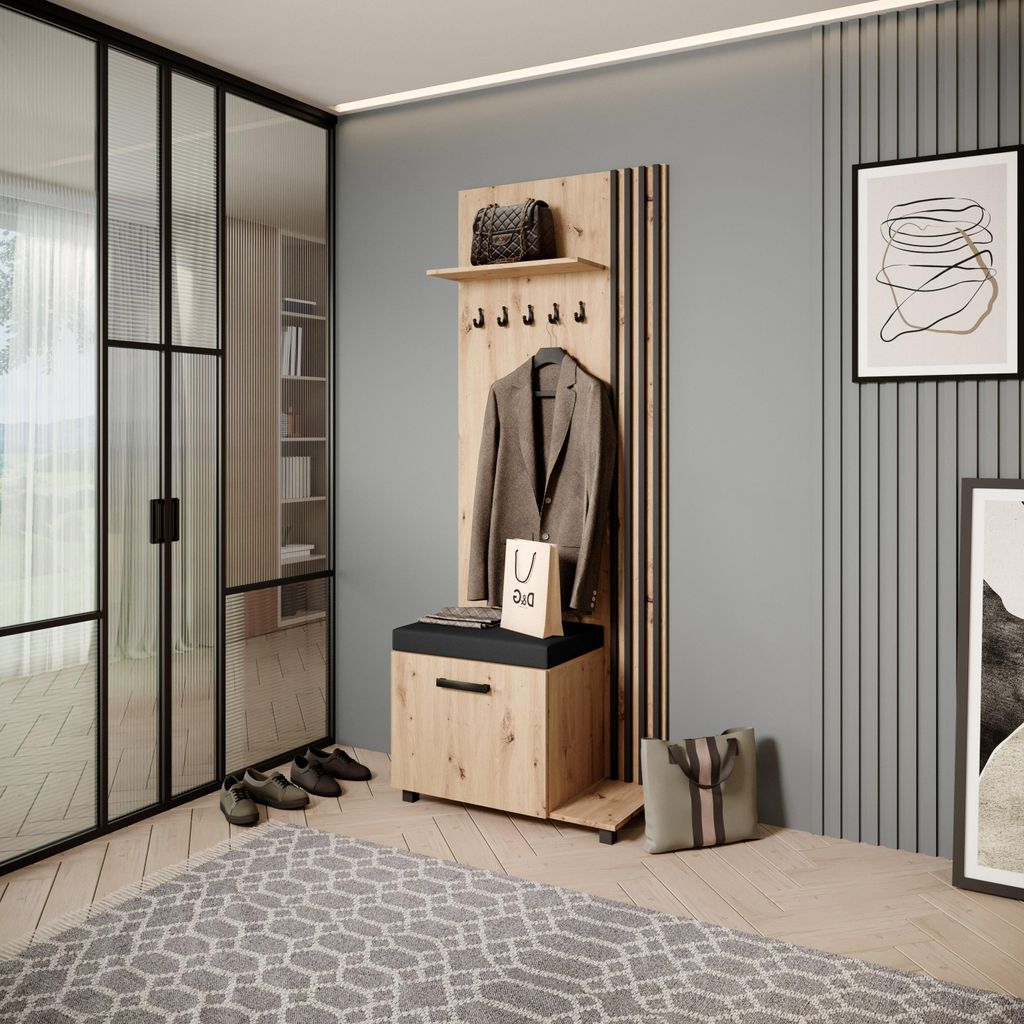 Garderobenschrank LIVIA - Hochschrank mit Aufhängern, Schuhschrank, Eiche Artisan, Lamellen in Schwarz, Sitzkissen in Schwarz, Rechts