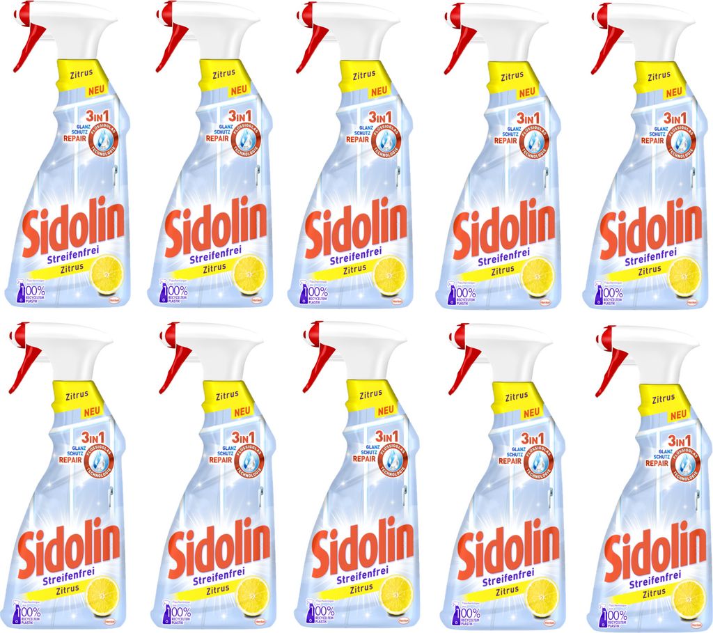 Sidolin Zitrus 10er Pack Glasreiniger mit Abperl-Effekt 10x500 ml Sprühflasche