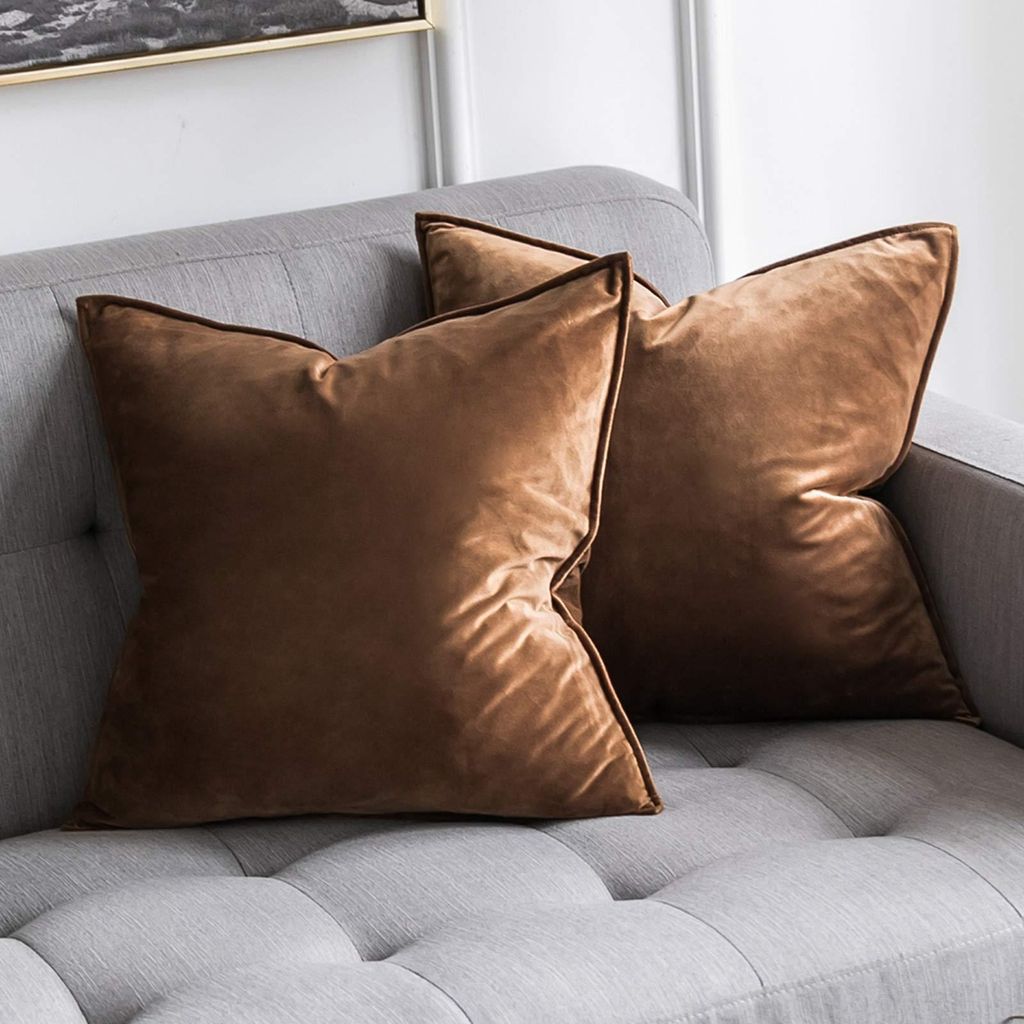 Samtkissenbezug 40x40 cm, schokoladenbraun, Sofakissen, Dekokissen, Satinrand, Zierkissenbezug für Sofa, Wohnzimmer, Schlafzimmer, 2er-Set