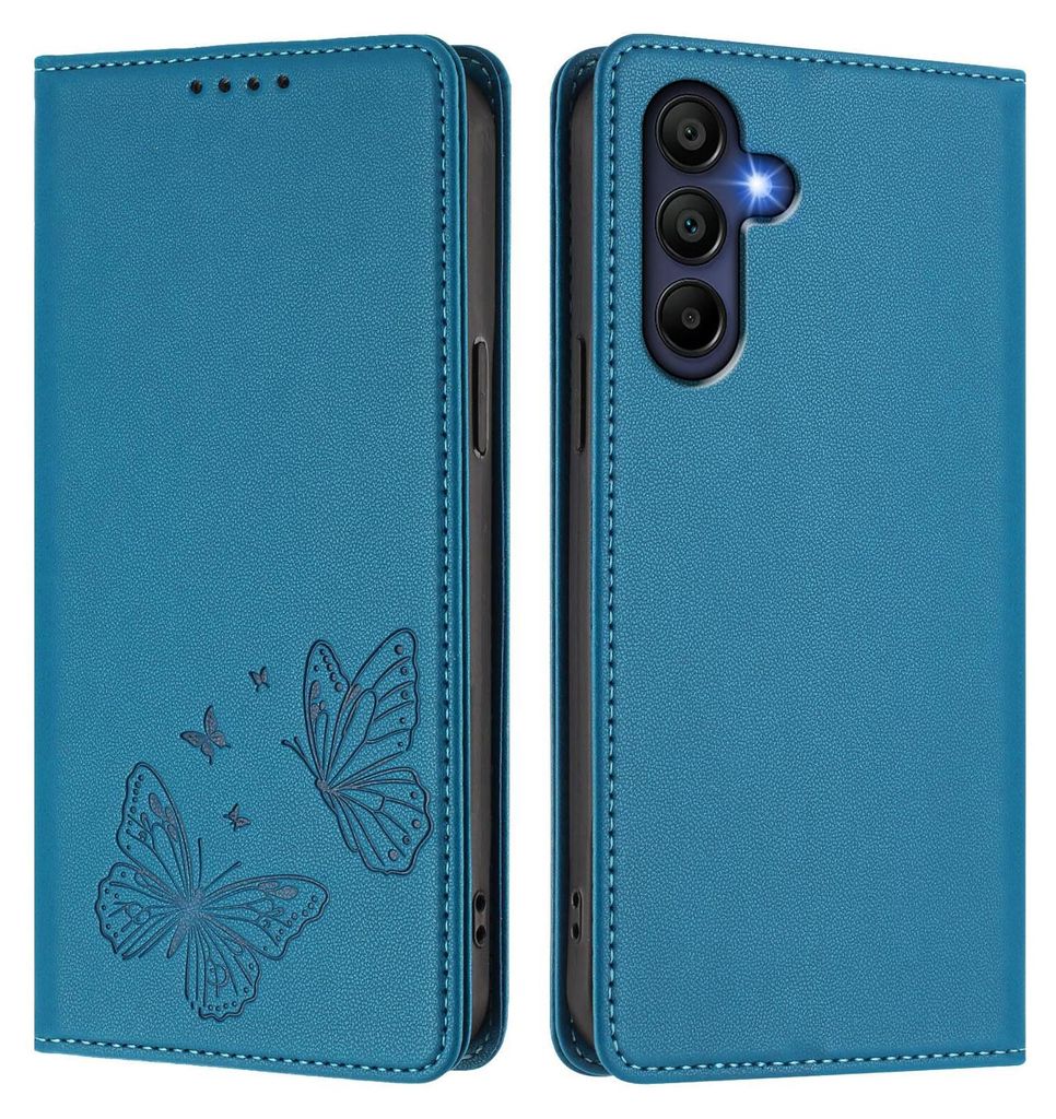 Lederhülle für Samsung Galaxy A26, Schmetterling Prägung Leder Brieftasche Schutzhülle mit Ständer Blau