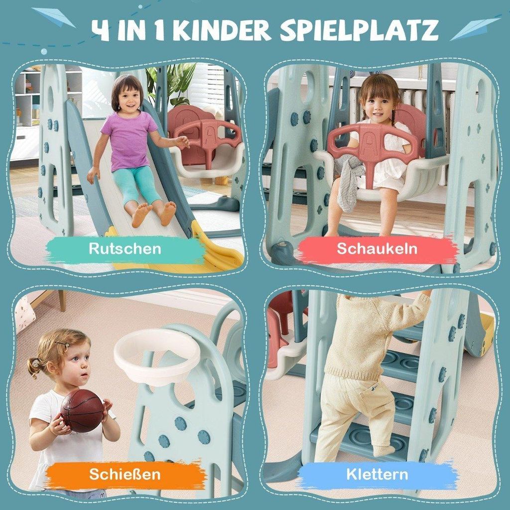 Kinderschaukel mit Rutsche höhenverstellbarer Sitz 4 in 1 Schaukel & Rutsche & Basketballkorb & Leiter für Kinder ab 18 Monaten
