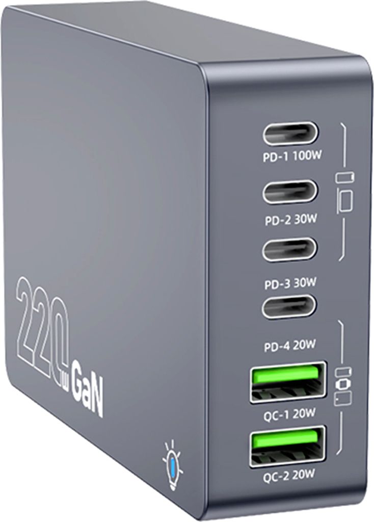 6-In-1 Ladestation Hub 220W GaN Schnelle Lade Block mit Auto Detect PD Typ-C & USB-A Multi-funktionale Desktop Ladegeraete fuer Mobile