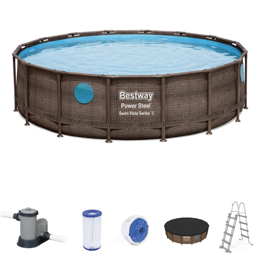 An above-ground swimming pool with its accessories laid out below.