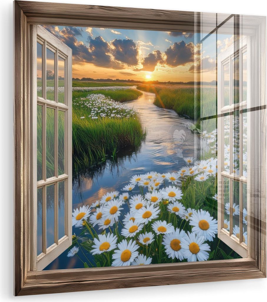 MuchoWow Glasbilder - Bilder auf Wandbild - Foto auf Glas Aussicht - Landschaft - Fenster - Wasser - Sonnenuntergang 50x50 cm Wanddekoration aus Gl...