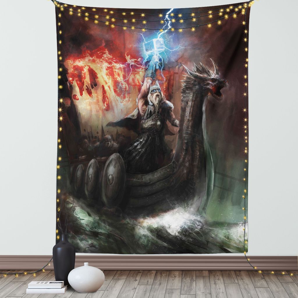 ABAKUHAUS Drachen Wandteppich, Imaginary Wrath Der Religiösen Figur Wikinger Royal Boat Mit Dragon Head Storm Rays, Wohnzimmer Schlafzimmer Seidig...