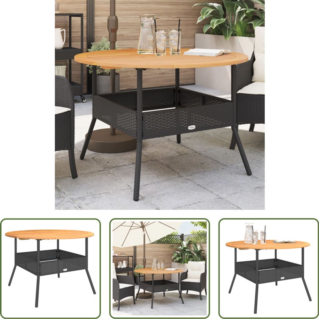 The Living Store Gartentisch mit Holzplatte Schwarz Ø110x71 cm Poly Rattan