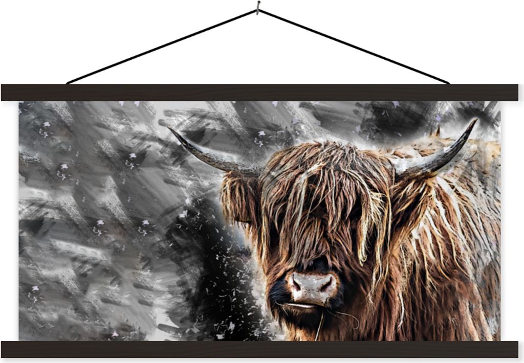MuchoWow Textilposter Schottisches Hochlandrind - Tiere - Schwarz 150x75 cm mit schwarzem Rahmen - Posterleiste