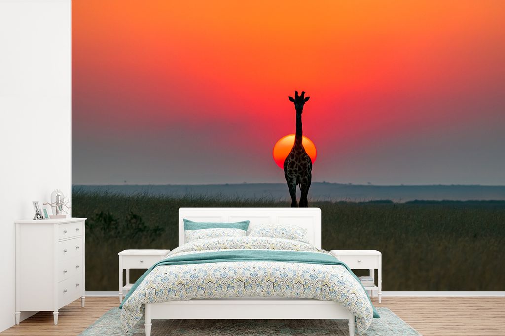 MuchoWow Fototapete für Wohnzimmer oder Schlafzimmer Wandtapete Vinyl Motivtapete Giraffe - Sonne - Himmel - 450x300 cm - Gemusterte