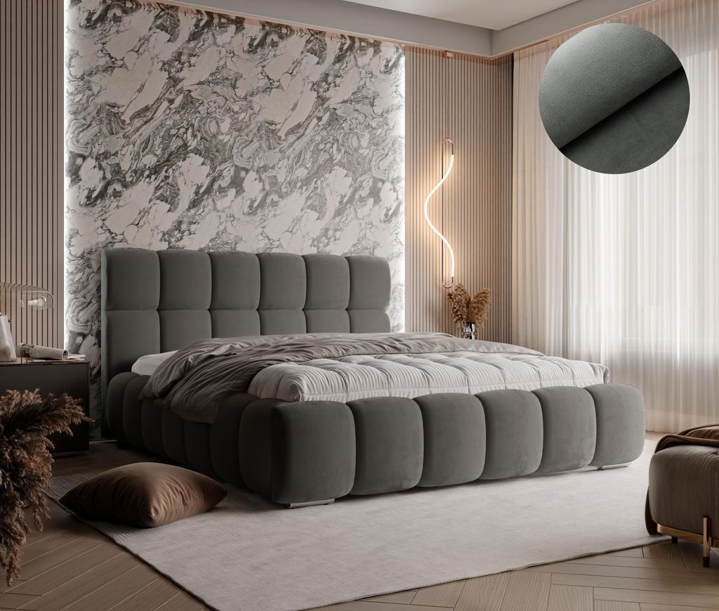 Modernes Polsterbett LIZBONA dunkelgrau ,Magic Velvet 2271, Schlaffläche 160 cm x 200 cm ,Bett mit gepolstertem Kopfteil, Design-Bett mit Bettkasten