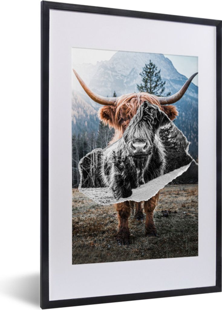 MuchoWow Gerahmtes Poster Scottish Highlander - Schwarz - Weiß 40x60 cm - Poster mit Schwarzem Bilderrahmen Wandposter Rahmen Foto Bilder - Post...