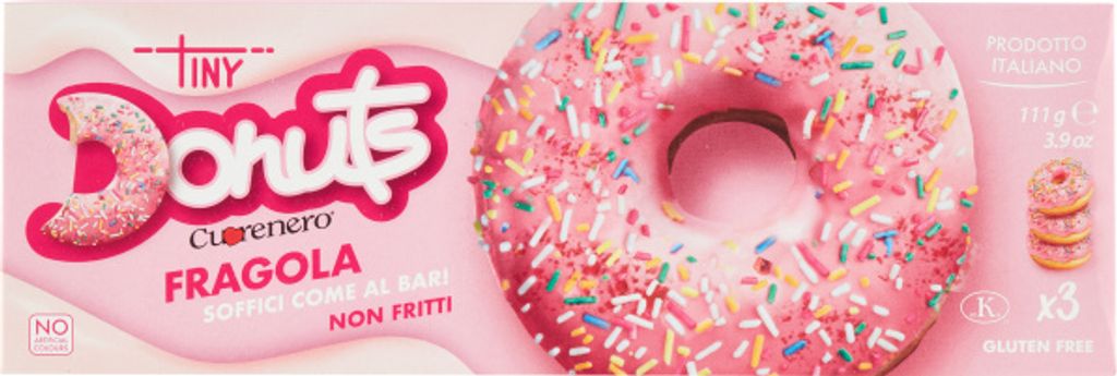 The image shows the packaging of tiny donuts with strawberry flavor.
