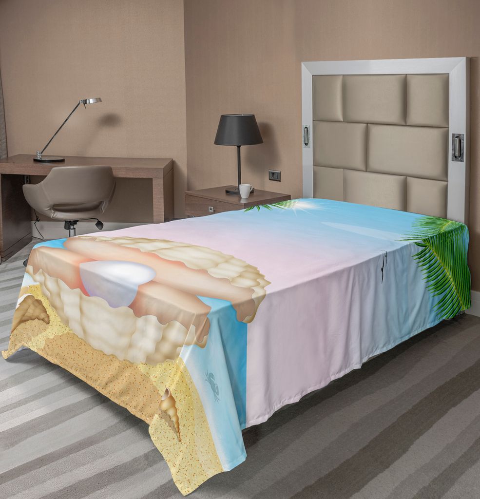 ABAKUHAUS Pearls Bettlaken, Perle In Big Shell Auf Tropischen Sandigen Strand Sun Rays Und Bäume Kreatur Druck, weiches bequemes oberes Bettlaken ...