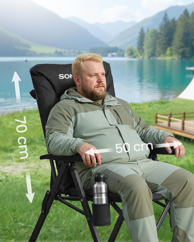 SONGMICS Faltbarer Campingstuhl Mit Verstellbarer Rckenlehne 95-150 -  Bequemer Klappstuhl Mit Polsterung, Getrnkehalter &