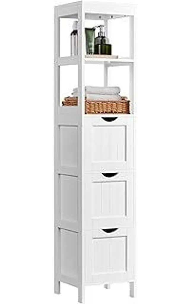 Scaffale Bagno Alto 142 cm Bianco | Mobiletto per Famiglie con Cassetti