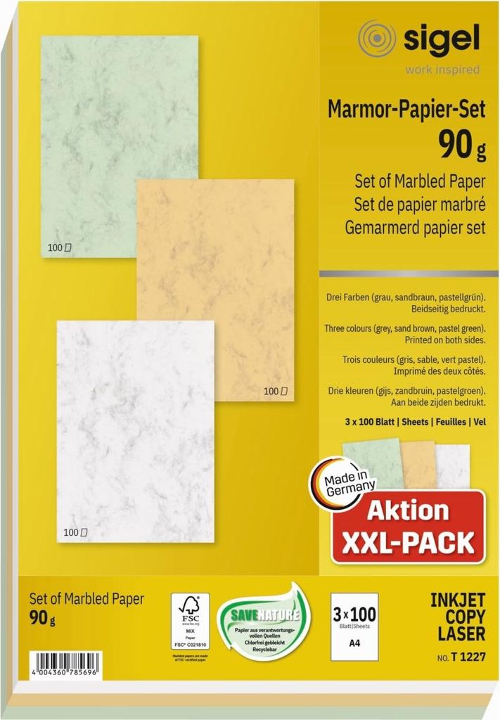 Marmor-Papier-Set A4 90g 3x100 Blatt Marmor sandbraun, pastellgrün, grau Packung mit 2 Stück