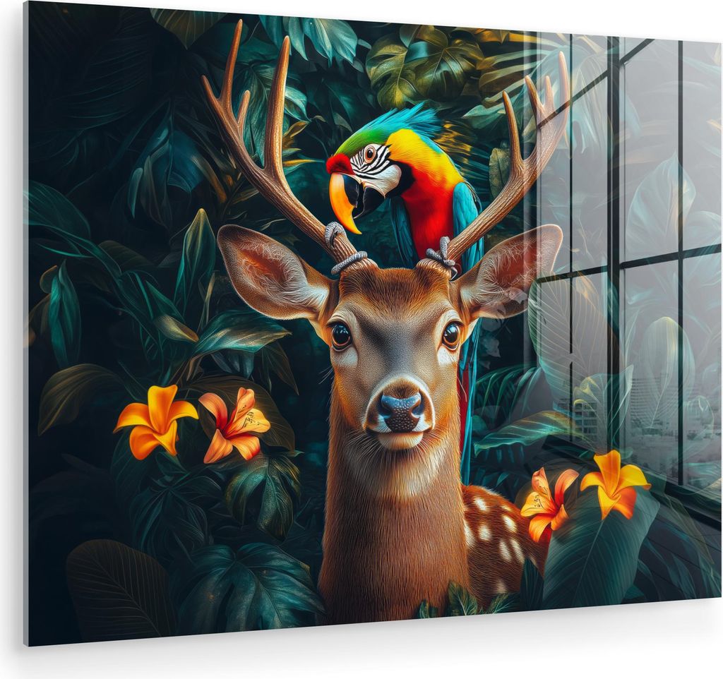 MuchoWow Glasbilder - Bilder auf Wandbild - Foto auf Glas Hirsche - Papagei - Dschungel - Natur - Blumen 40x30 cm Wanddekoration aus Glas - Acrylgl...