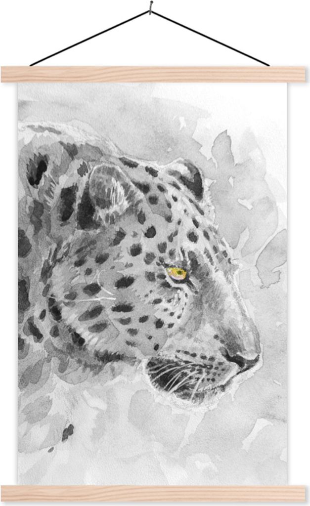 MuchoWow Textilposter Panther - Aquarell - Schwarz - Weiß 120x180 cm mit holzfarbenen Rahmen - Textil-Plakat