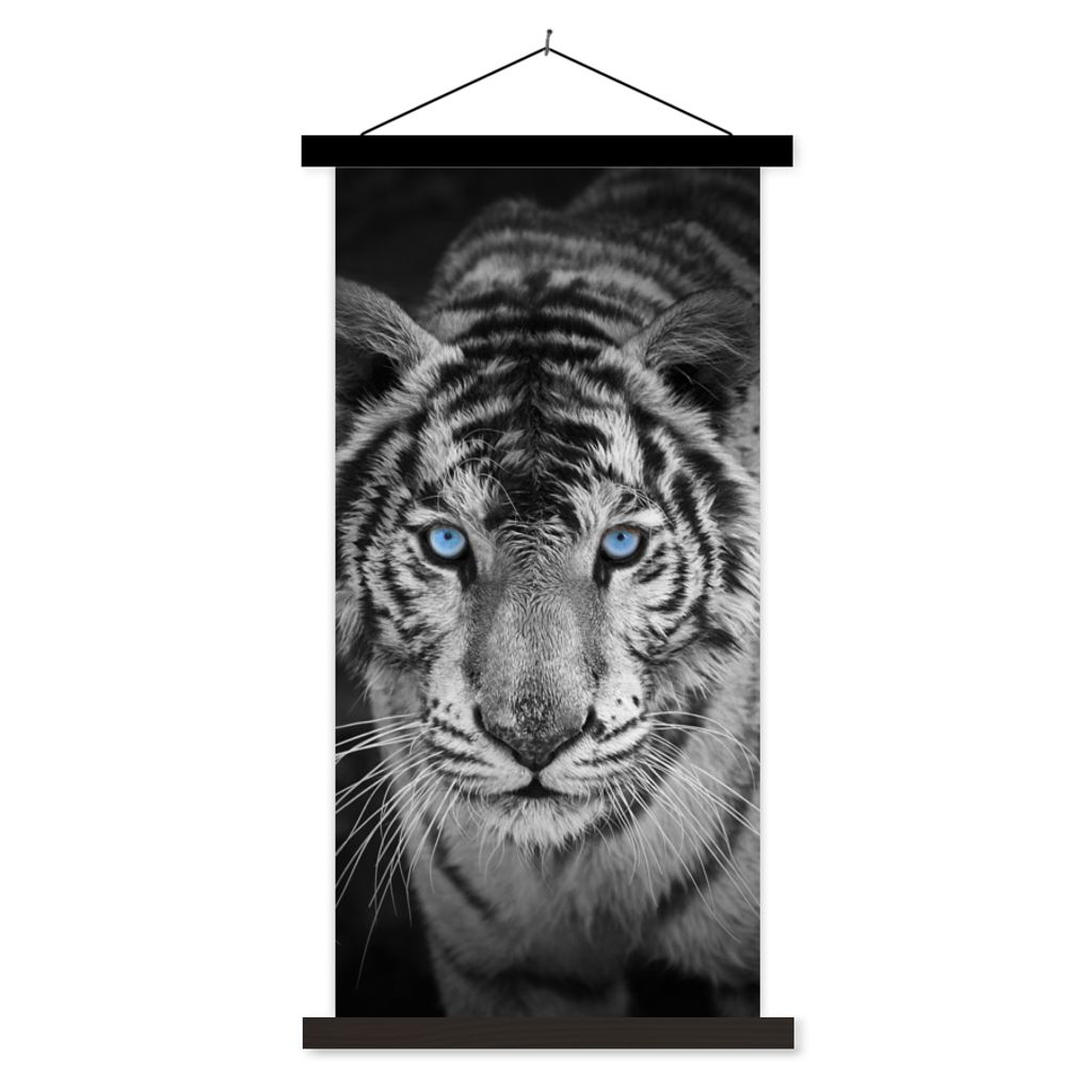 MuchoWow Textilposter Tiere - Tiger - Schwarz und weiß - Augen - Blau 60x120 cm mit schwarzem Rahmen - Magnete