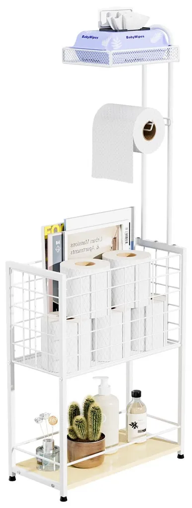 Porte-rouleau WC sans perçage à 4 niveaux et grand panier de stockage