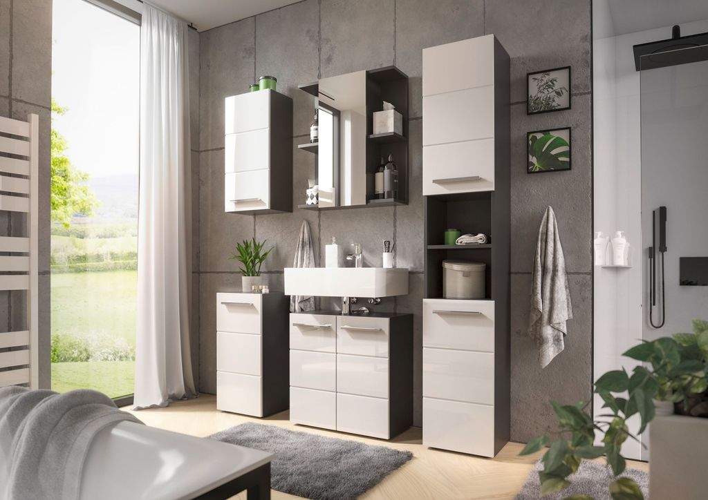 Badezimmer-Set >Gloss< in Weiß-Anthrazit - 180x190x31 (BxHxT)