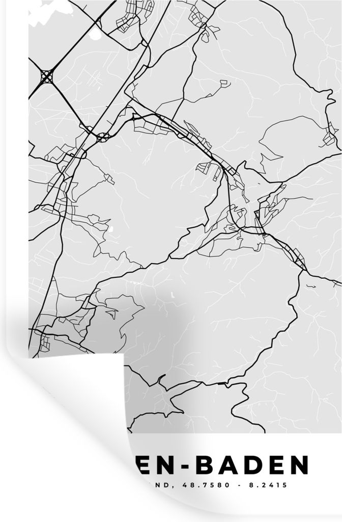 MuchoWow Wandtattoo Wandsticker Wandaufkleber Deutschland - Baden-Baden - Karte - Stadtplan - Wegbeschreibung 80x120 cm Selbstklebend und Reposit...