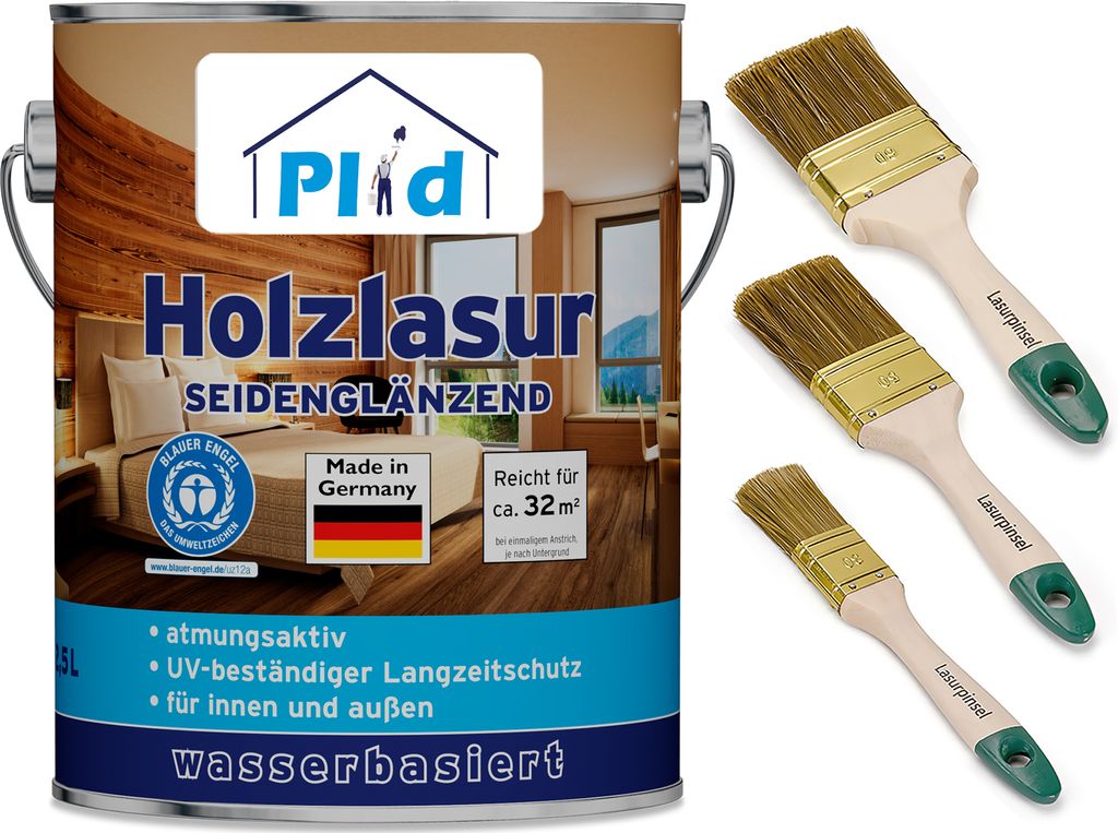 Plid Holzlasur Innen & Aussen Palisander 2,5L+ Lasurpinselset /Holzschutzlasur Außen mit UV beständigem Langzeitschutz - Grundierung Holz Außen