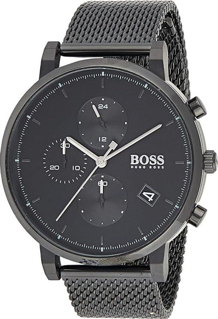 A close-up studio shot of a black Hugo Boss chronograph watch with a mesh strap.