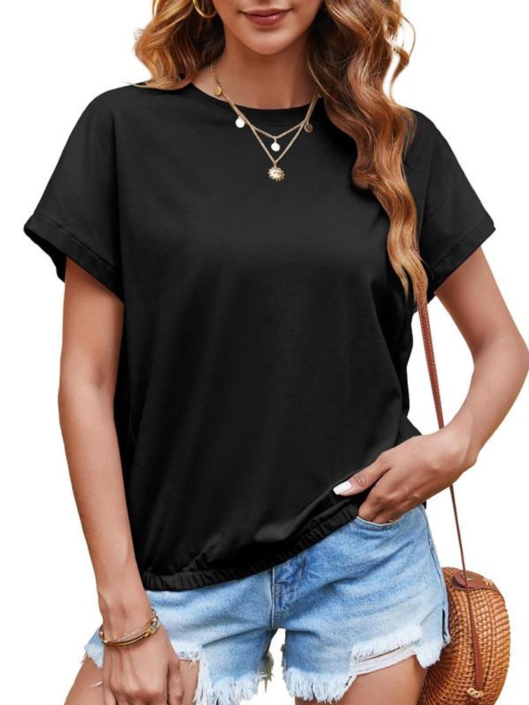 Kurzarm-T-Shirt für Damen, gestreift, Rundhalsausschnitt, lockere Passform