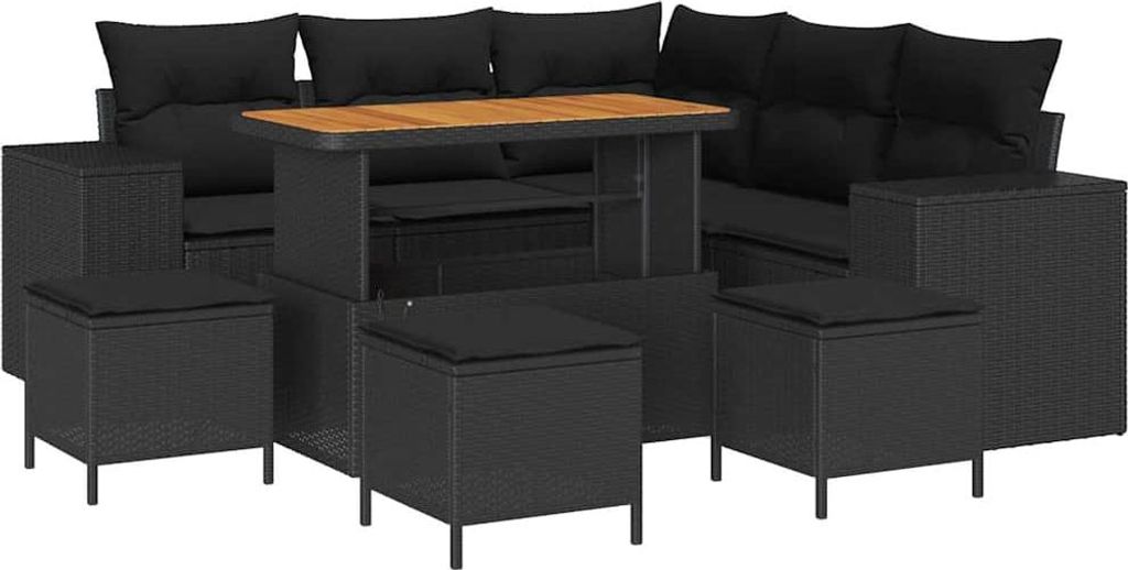 Gartensofa-set mit Kissen 9 pcs Schwarz Poly-Rattan