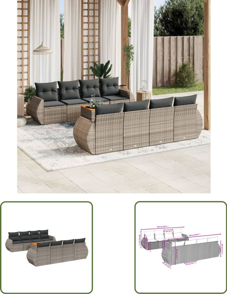 The Living Store 9-tlg. Garten-Sofagarnitur mit Kissen Grau Poly Rattan