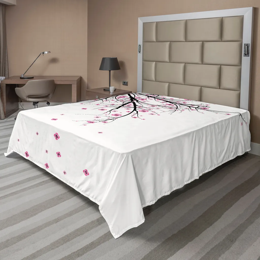 Drap plat décoratif pour lit double motif Sakura rose noir 244cm