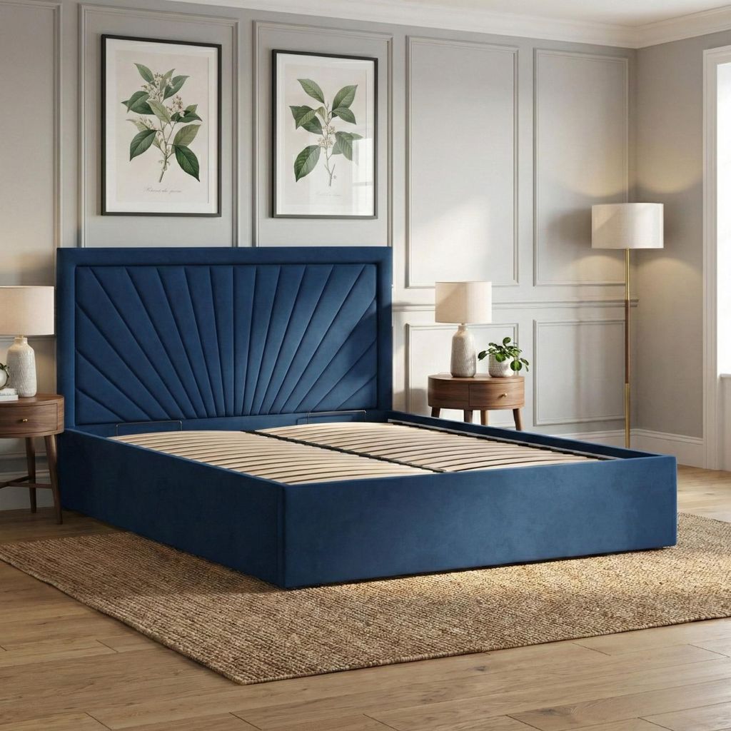 Polsterbett 180x200 cm – Stauraumbett ohne Bettkasten hochklappbar stabiles Doppelbett mit dekorativem Kopfteil, Samt Blau Dunkelblau VASTO 180 x...