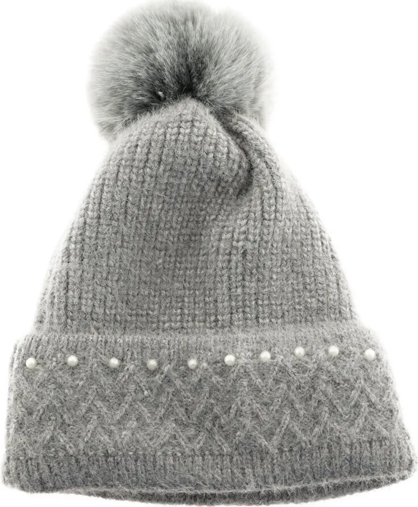 Berretto Grigio Chic con Perline e Pompon | Accessorio Inverno Donna
