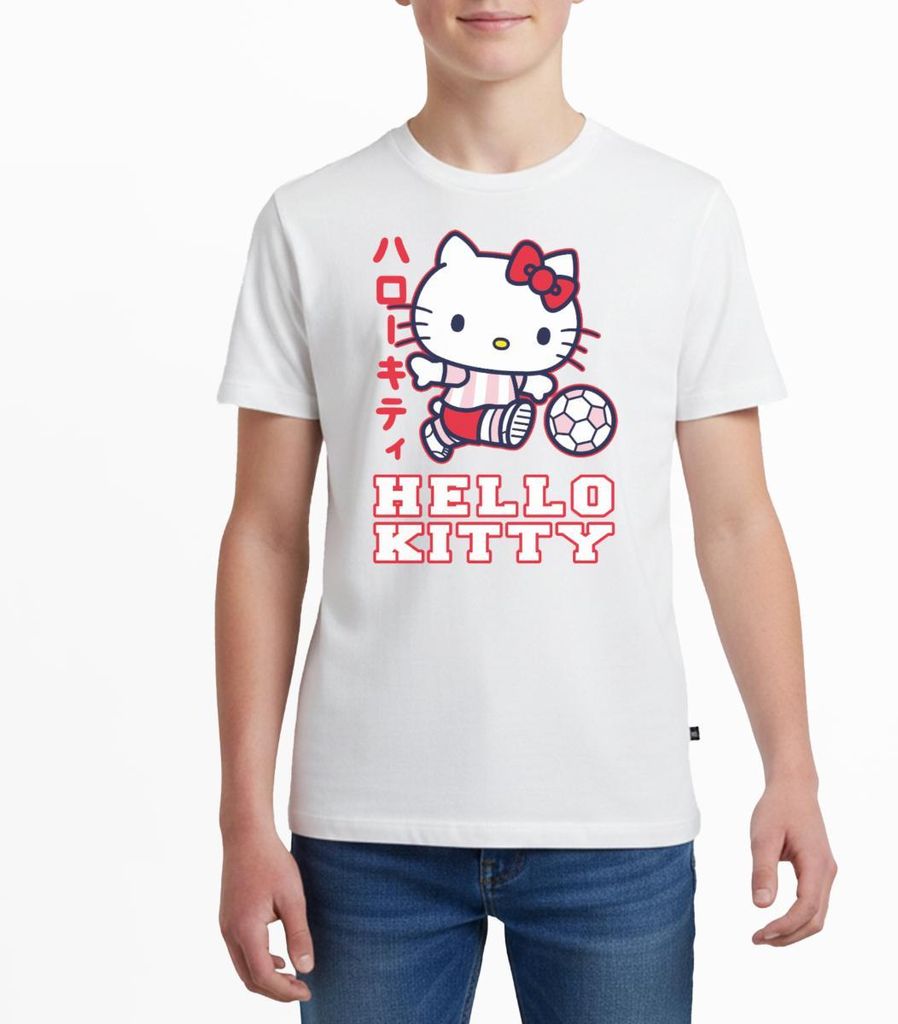 Spreadshirt Hello Kitty Spielt Fussball Sport Teenager Premium T-Shirt, 158/164 (12 Jahre), Weiß