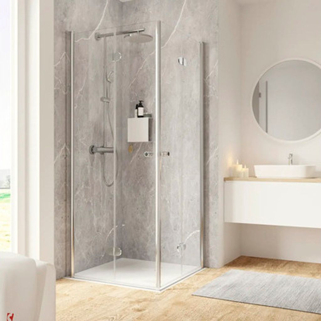 Eckeinstieg mit Drehfalttür SCHULTE Garant 2.0 70 x 120 cm Profil chrom Klarglas Reversibel Puffergriff