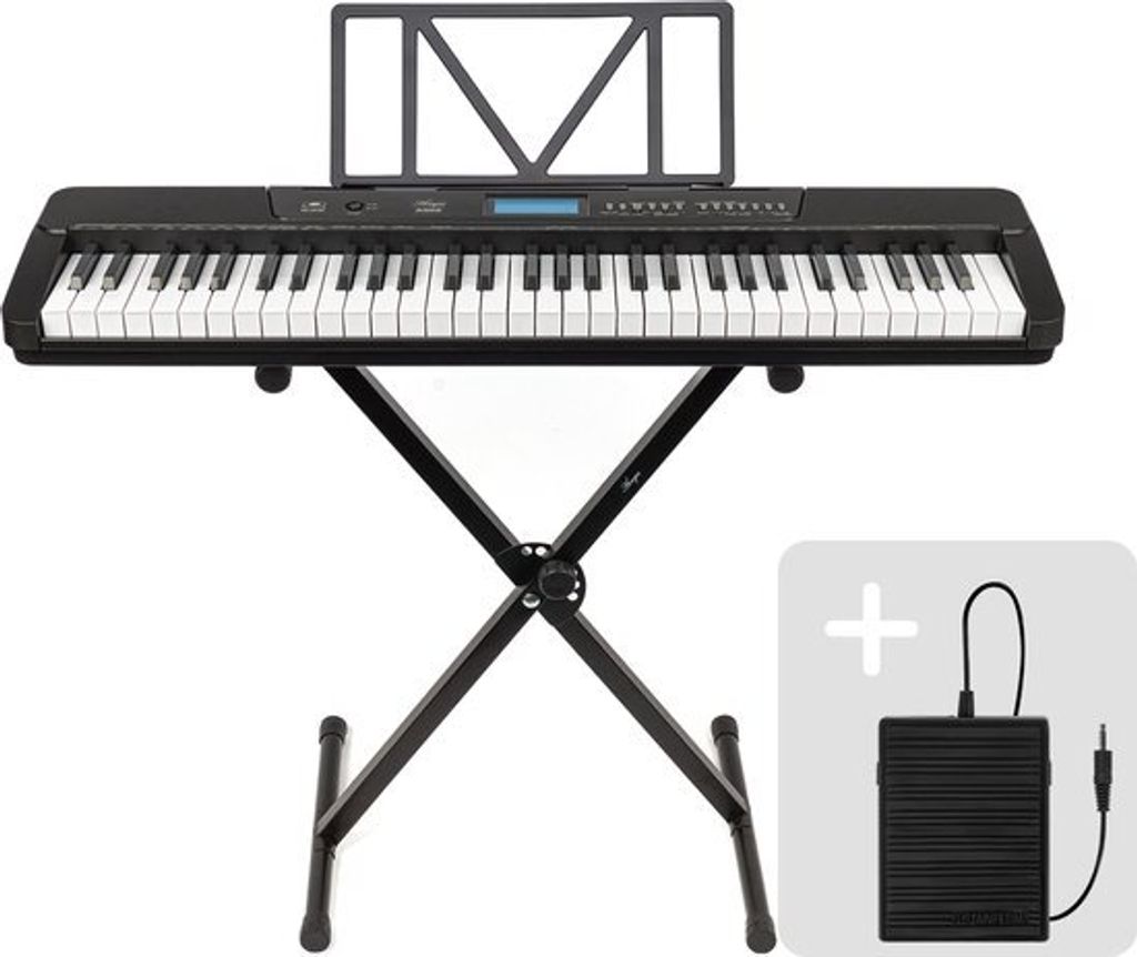 Keyboard-Set – Áengus A902 Keyboard-Piano mit 61 anschlagdynamischen Leuchttasten, USB-MIDI + Sustain-Pedal und Keyboardständer