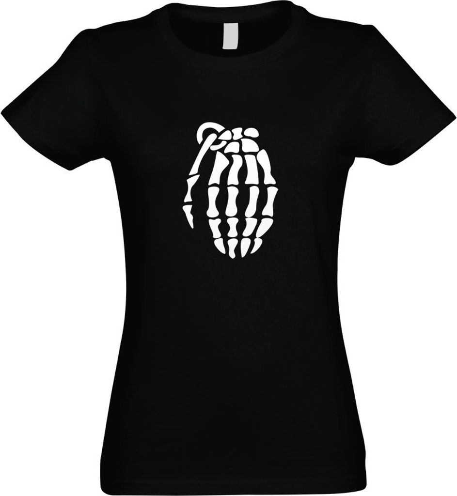Kiwistar - T-Shirt tailliert - Damen - schwarz - Knochen Skelett Handgranate - mit Motiv Bedruckt - Funshirt Design - Sport - Freizeit - Damen - L