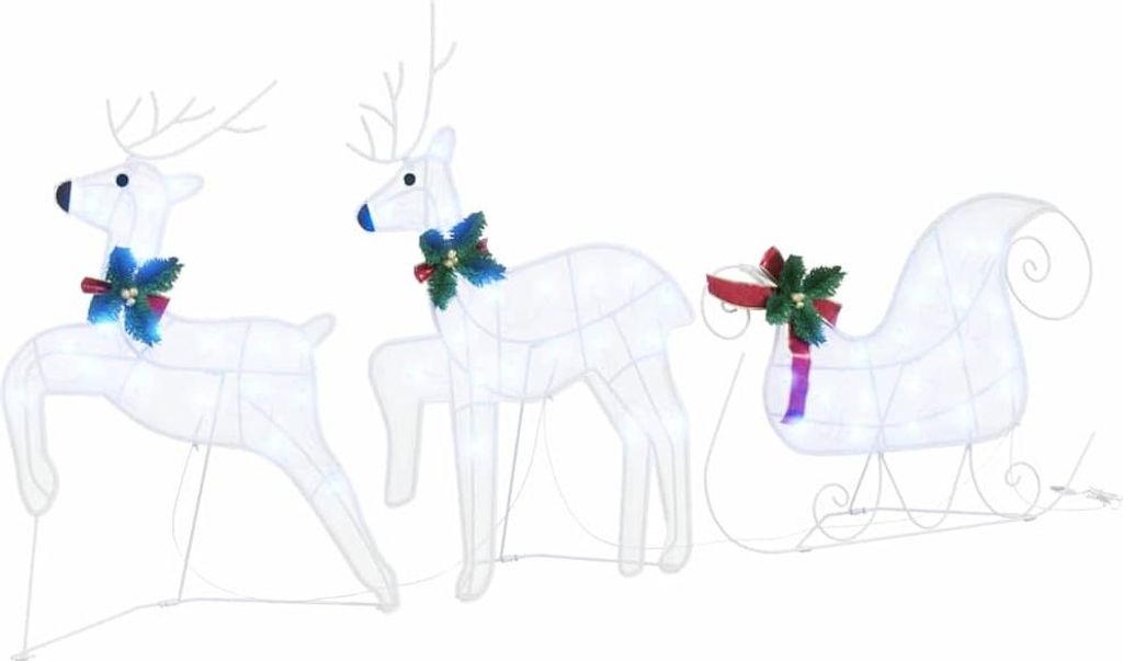 Three white LED reindeer and a sleigh decorated with bows and holly for Christmas.