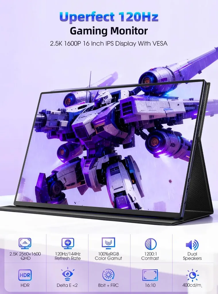Écran externe portable 16 pouces 2.5K pour télétravail et gaming - 2