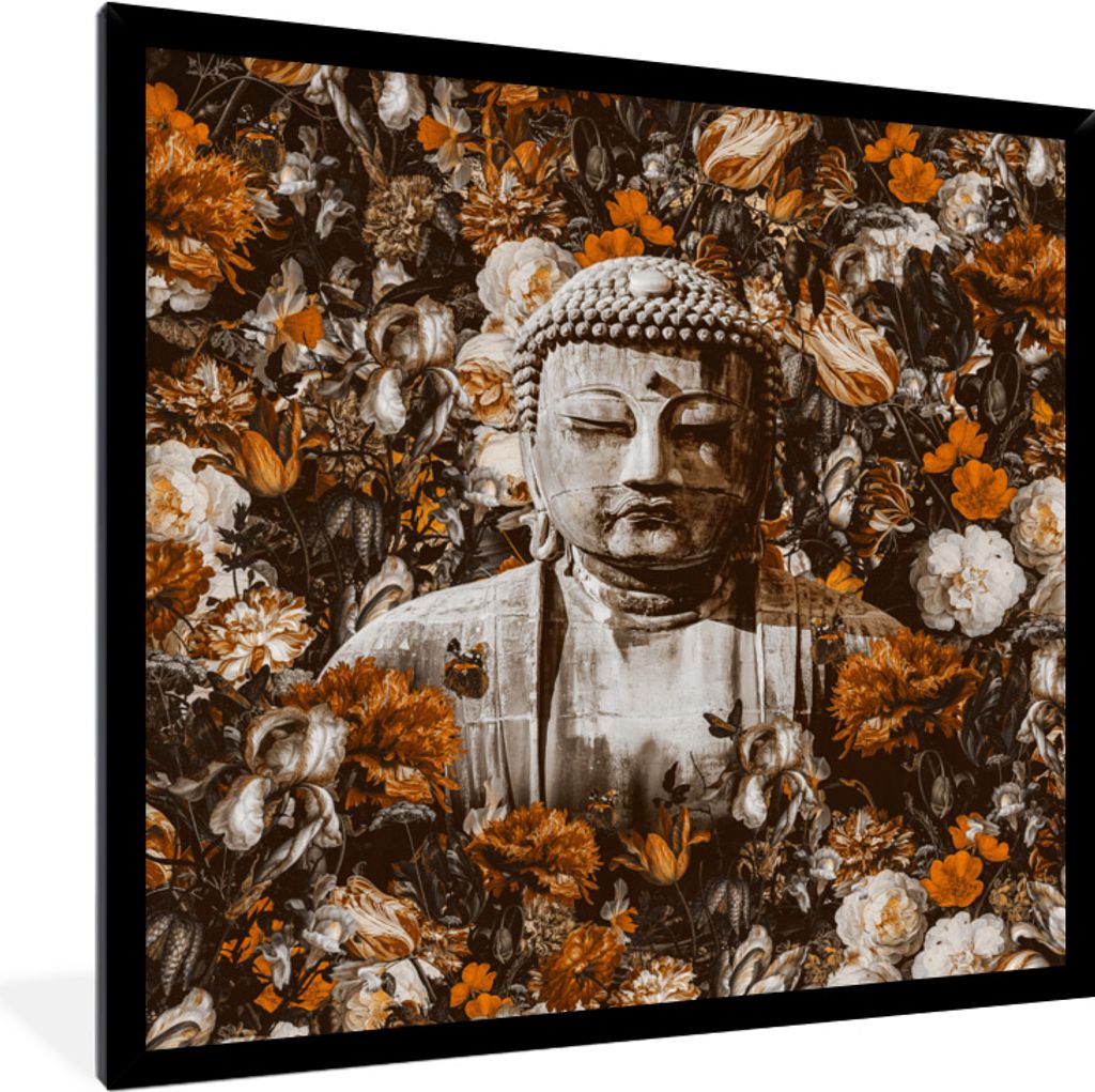 MuchoWow MuchoWow Gerahmtes Poster Buddha - Steine - Orange 40x40 cm - Poster mit zchwarzem Bilderrahmen - Mit Rahmen - Wanddekoration Schlafzi...