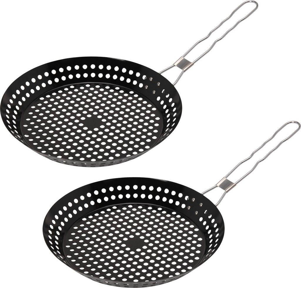 2er Set BBQ Grillpfanne Ø30 cm Grill Gemüsepfanne Lochpfanne Edelstahl Bratpfanne Grillkorb Grillschale Mit Einklappbarem Griff