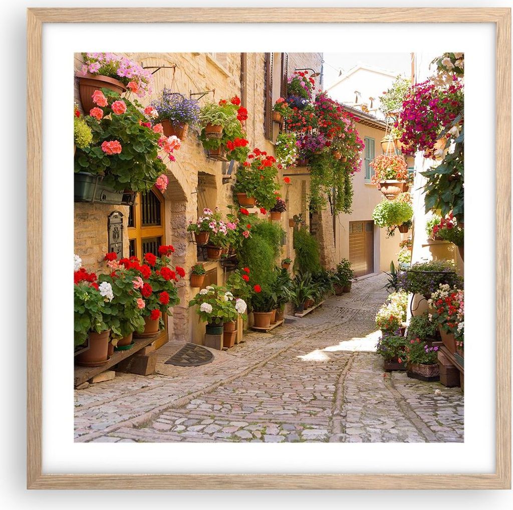 Gerahmtes Poster - Rahmen in heller Eiche - Blume Straße Haus - 50x50 cm - Wand Bild - Wanddeko - Wandbilder - Wandposter - Bilderrahmen - Bilder ...
