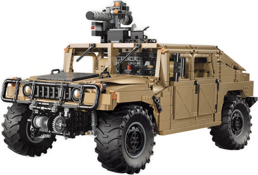 A tan-colored toy Humvee with a mounted weapon, shown from a three-quarter front angle against a white background.