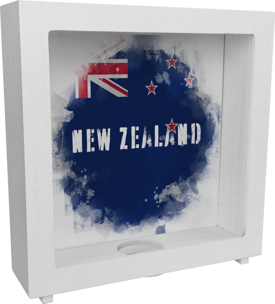 Rahmen Spardose aus Holz mit Neuseeland-Flagge im Used Look - Sparschwein für