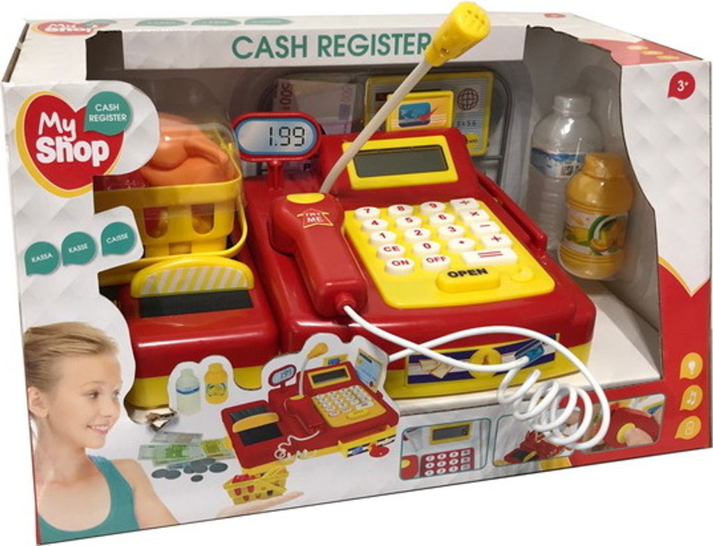 My Shop Kinder Registrierkasse Kasse mit Funktion und Produktbild 