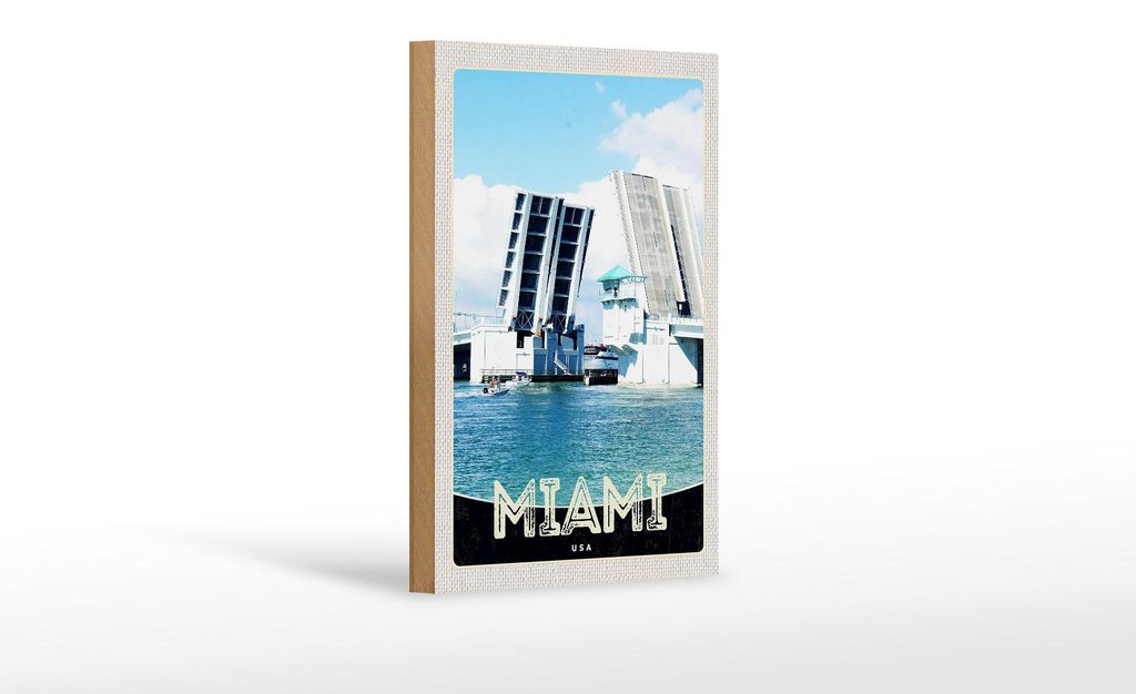Holzschild Reise 12x18 cm Miami Amerika USA Brücke Schiffe Meer