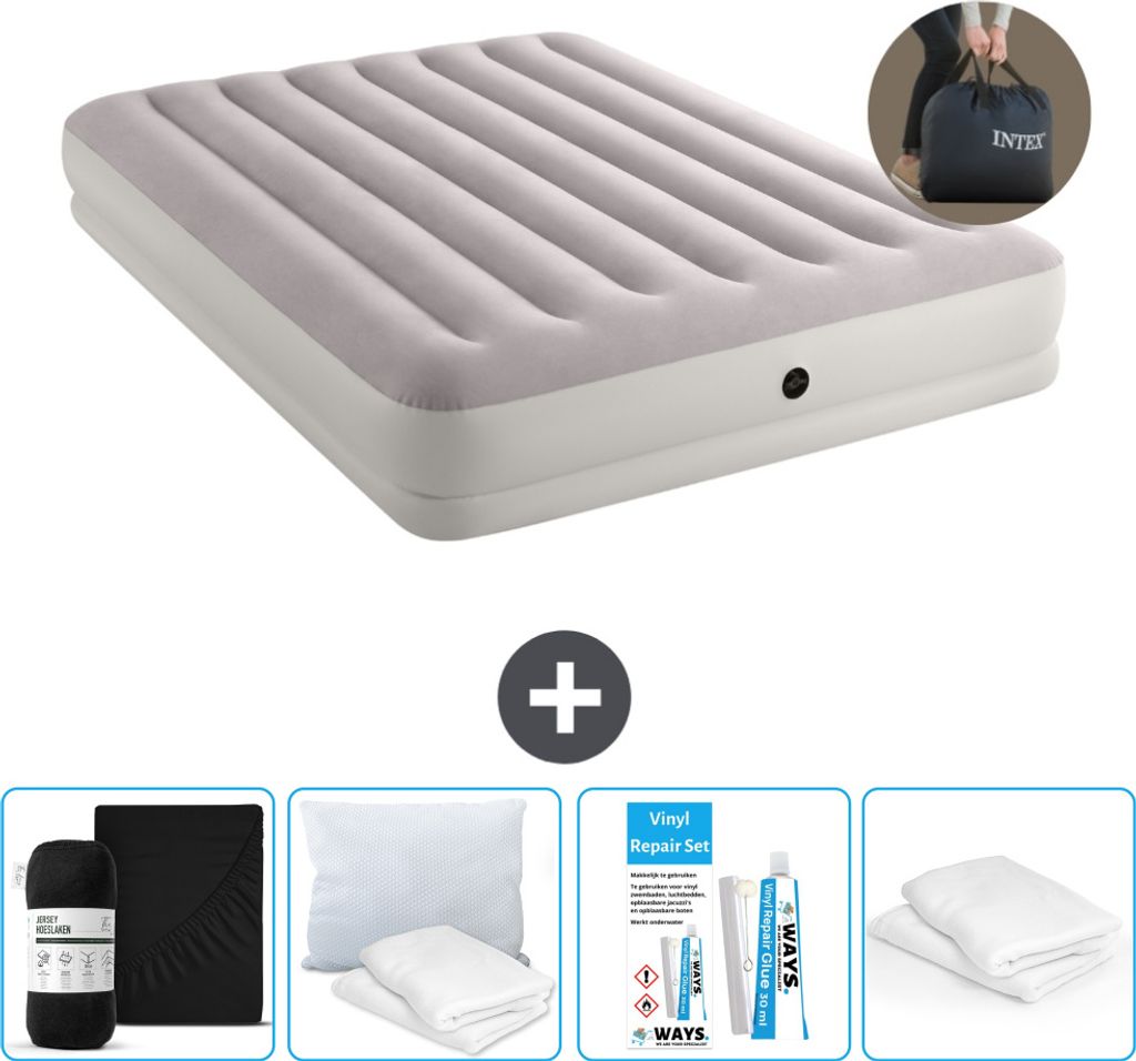 Intex Luftbett - 2 Personen - 152 x 203 x 30 cm - Grau - Inklusive Pumpe - Spannbettuch - Küssen - Reperaturset en Kissenschutz