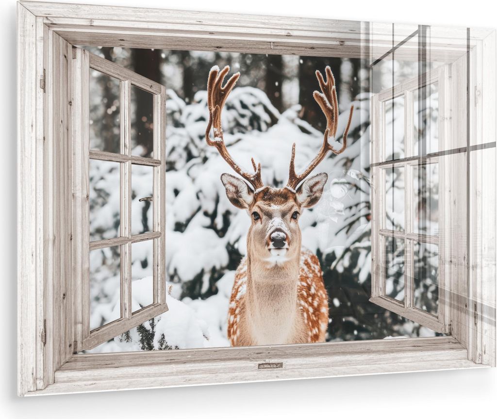 MuchoWow Glasbilder - Bilder auf Wandbild - Foto auf Glas Durchgucken - Hirsch - Schnee - Winter - Wald - Tiere - Natur 120x80 cm Wanddekoration au...
