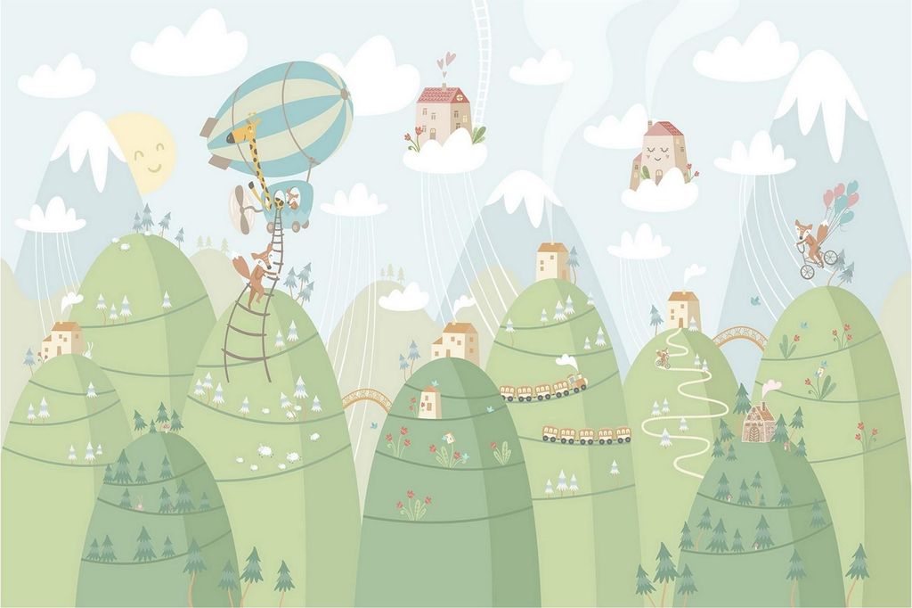 Fototapete Wald - Vliestapete - Bildtapete UV-beständig Ballon grün Illustration Wandtapete geruchsfrei