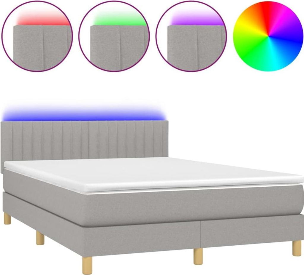 vidaXL Boxspringbett mit Matratze & LED Hellgrau 140x200 cm Stoff